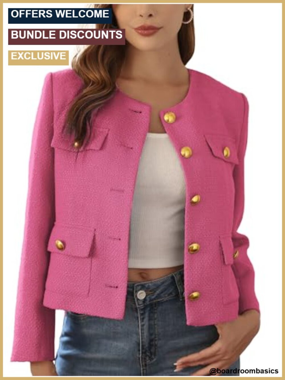 Cropped Tweed Blazers for Women, Collarless, Gold Buttons, Polyester